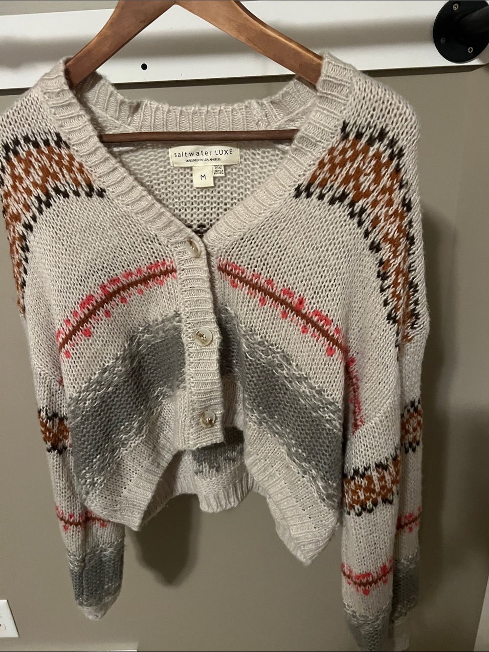 saltwater LUXE Cream Fair Isle Cropped Cardigan with Gray and Brown Accents
